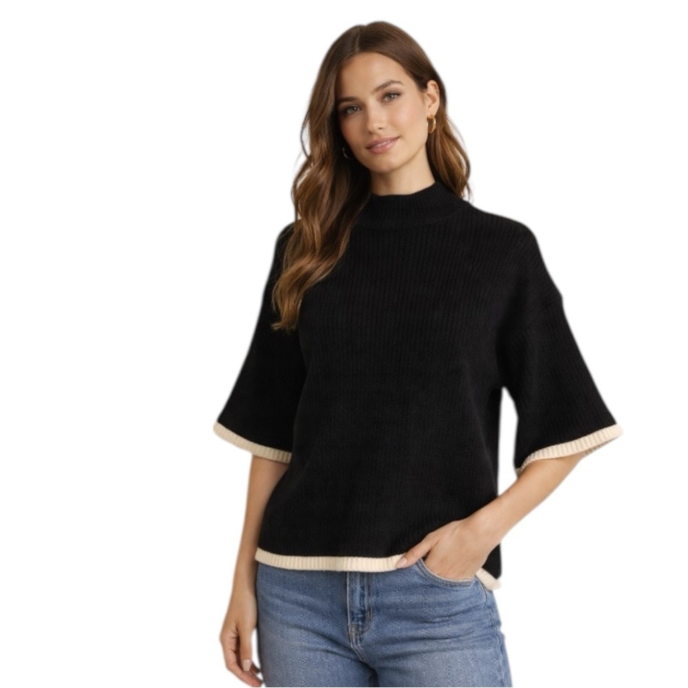 on & Anna Ribbed Mock Neck Sweater S/M Black Short Sleeve Contrast Trim